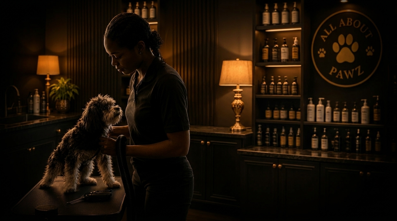 Bree, founder of All About Pawz dog grooming, with a small dog at her grooming table in the salon