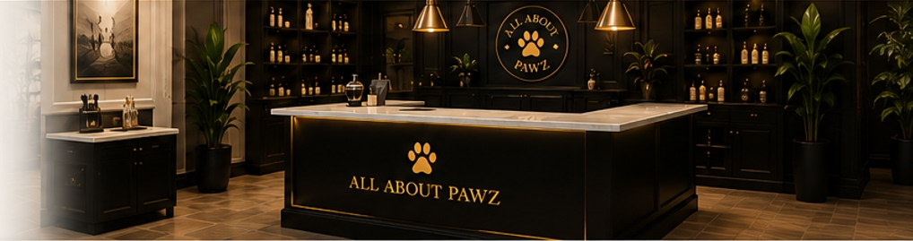 All About Pawz dog grooming salon interior with reception desk and boutique pet products