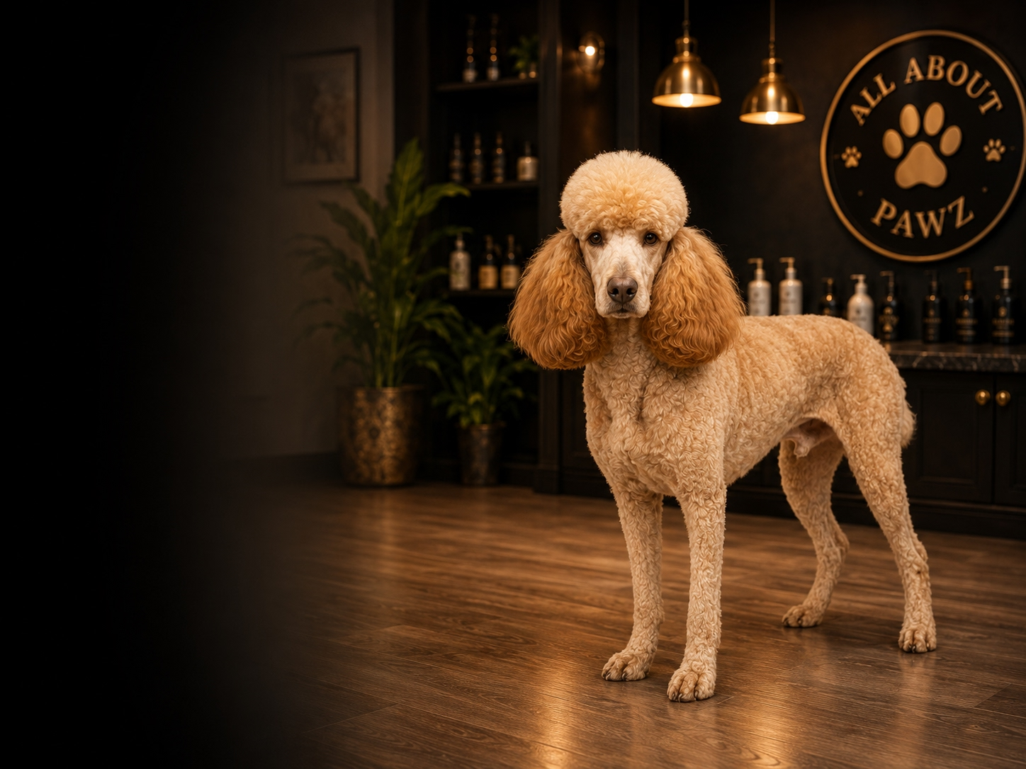 White poodle standing in the All About Pawz luxury dog grooming salon