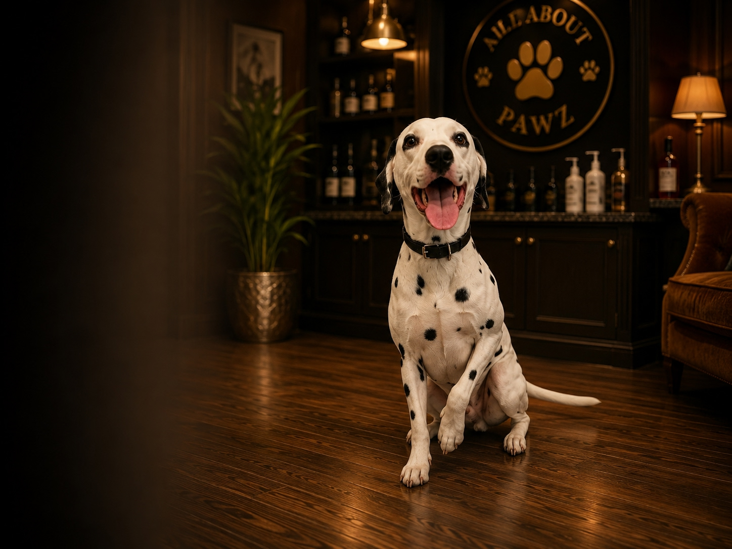 Happy dalmatian smiling on the floor of the All About Pawz dog grooming salon with the shop sign behind the bar