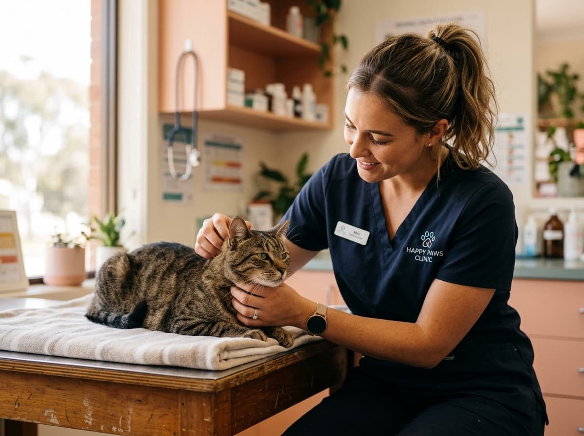 A veterinarian examining a cat