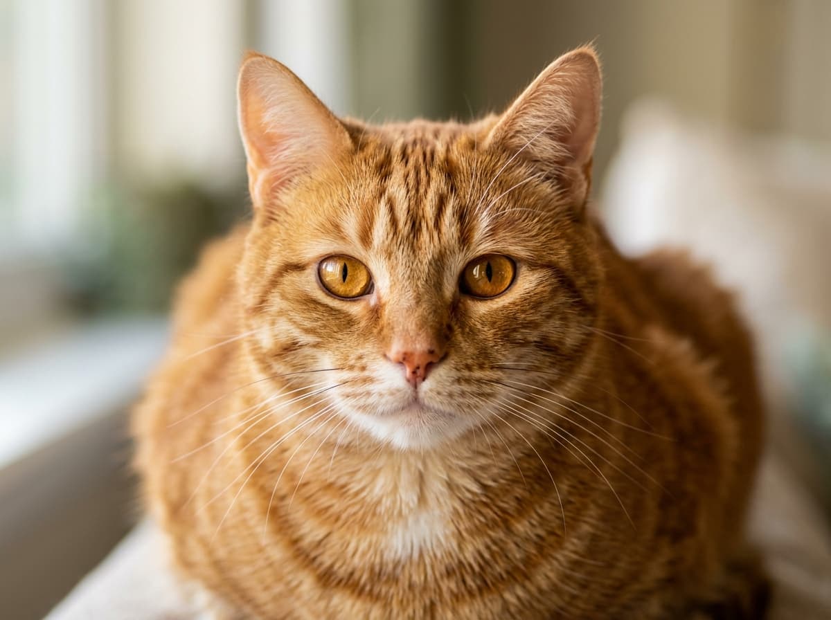 An orange tabby cat resting calmly indoors by its dish