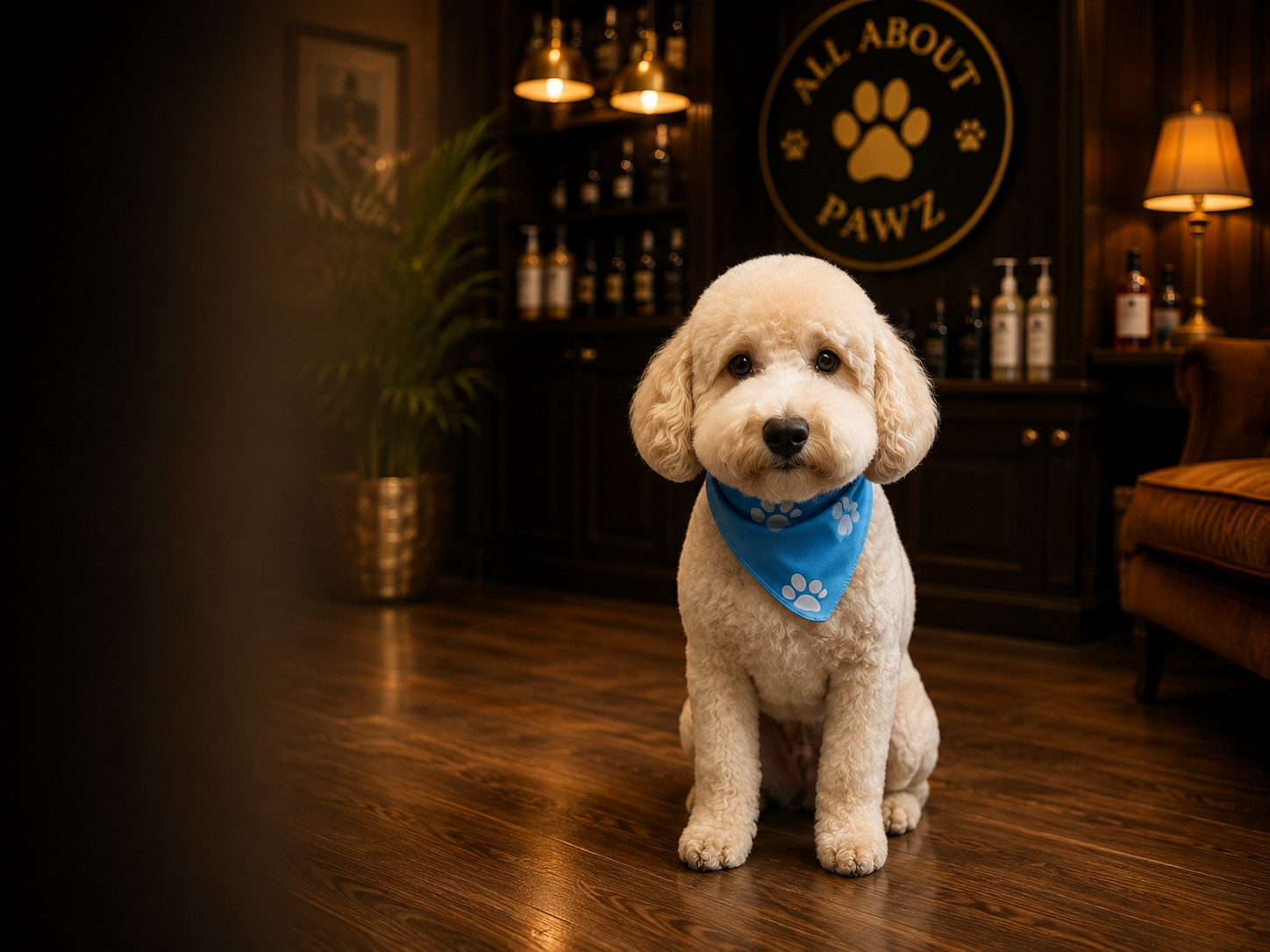 White poodle sitting in the All About Pawz dog grooming salon